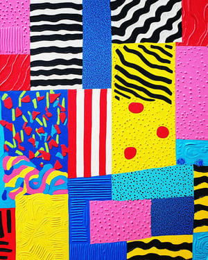 Colorful abstract painting showcasing a variety of styles but a cohesive feel.