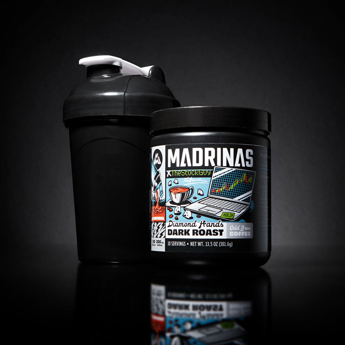 Cannister of Madrinas instant coffee next to shaker.