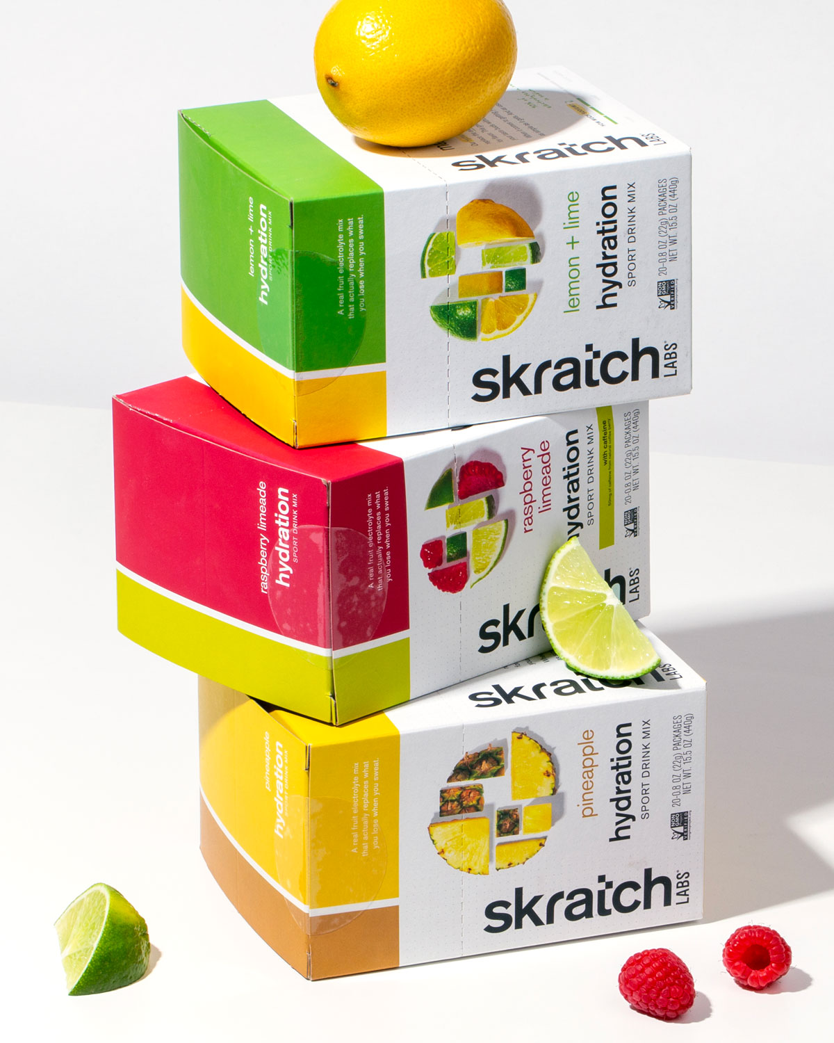 Stacked boxes of Skratch Labs Hydration products