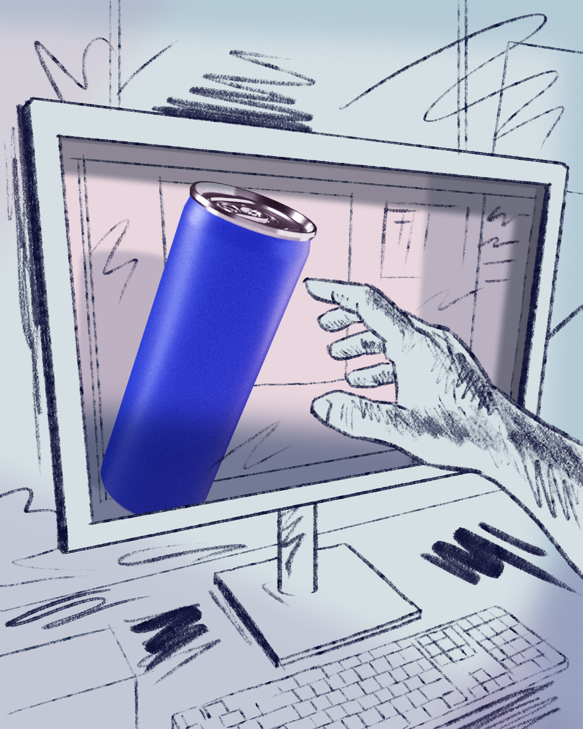 An illustrated hand reaches onto a screen, pulling the can within to the "real world." 